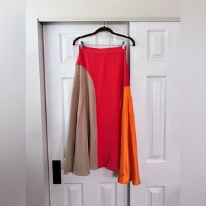 Chinti & Parker Red-orange Tan Asymmetrical A-Line Midi Skirt